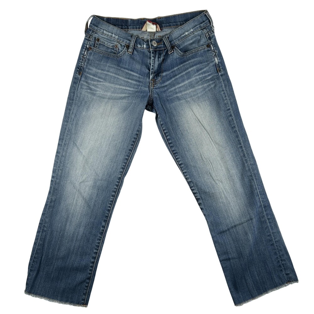 Lucky Brand Capri Jeans Womens 26 Blue Mid Rise Raw Hem Stretch Embroidered